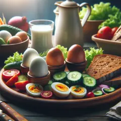 Świeże jajka, warzywa i pieczywo na drewnianym stole. Idealne składniki do zdrowej diety jajecznej, przepisy na które znajdziesz w internecie.