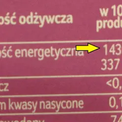 Tabela wartości odżywczych pokazuje, że 100g produktu zawiera 1430 kj energii.
