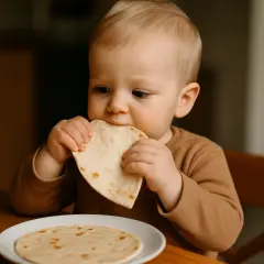 Małe dziecko gryzie kawałek tortilli pszennej, zastanawiając się, czy tortilla pszenna jest zdrowa.