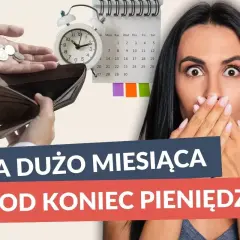Zaskoczona kobieta z pustym portfelem i zegarem. Czy to za dużo miesiąca pod koniec pieniędzy?