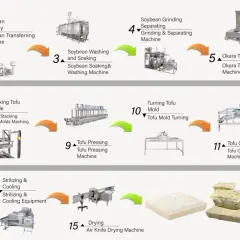 Schemat przedstawia proces produkcji tofu: od przygotowania soi, przez gotowanie, prasowanie, krojenie, chłodzenie, aż po pakowanie.