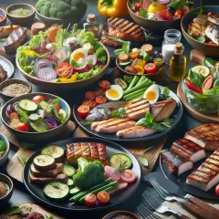 Obfitość dań bez węglowodanów: grillowane ryby, mięso, jajka, świeże warzywa i sałatki.
