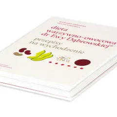 Książka "Dieta warzywno-owocowa dr Ewy Dąbrowskiej. Przepisy na wychodzenie" z grafikami fasoli, bananów i nasion.