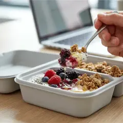 Zdrowy posiłek z owocami i granolą w pojemniku. Idealna dieta pudełkowa Radzymin dla zapracowanych.