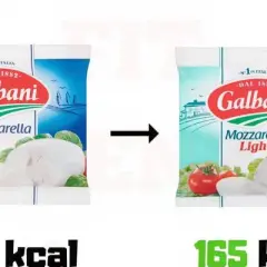 Porównanie opakowań mozzarelli Galbani: zwykła (238 kcal) i light (165 kcal). Czy mozzarella light jest zdrowa? Tak, ma mniej kalorii.