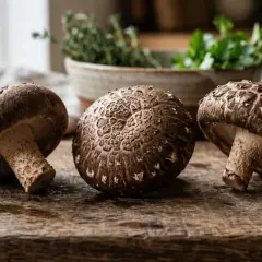 Trzy grzyby shiitake na drewnianej desce. To dowód, co to znaczy proteinowe – zdrowe i pyszne!