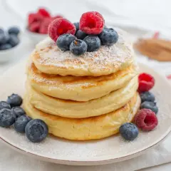 Stos puszystych naleśników z jagodami i malinami, posypanych cukrem pudrem. Czy pancakes są lekkostrawne? Zależy od składników!