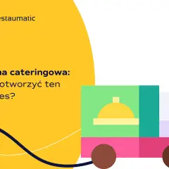 Firma cateringowa: Jak otworzyć ten biznes? Ilustracja przedstawia stylizowaną ciężarówkę dostawczą z symbolem jedzenia.