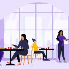 Szukasz najlepszych firm oferujących catering dla biur w dużych miastach? W tej ilustracji widzimy ludzi jedzących w restauracji, co może być inspiracją.