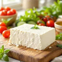 Kostka sera feta na desce z pomidorkami, ogórkiem i bazylią. Czy feta jest zdrowa? Tak, to pyszny i zdrowy dodatek do sałatek.