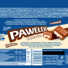 Batonik Pawełek śmietankowy z alkoholem. Czy dzieci mogą jeść pawełki? Produkt zawiera alkohol, nieodpowiedni dla dzieci.