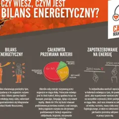 Infografika o bilansie energetycznym. Wyjaśnia, co to kcal, całkowitą przemianę materii i zapotrzebowanie na energię.
