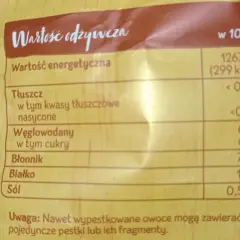 Tabela wartości odżywczych suszonych jabłek: 299 kcal w 100g, 68g węglowodanów, 62g cukrów.