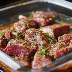 Kawałki wołowiny w szklanym naczyniu, gotowe do smażenia. Poznaj sekret, jak przyprawić wołowinę do smażenia, by była soczysta i aromatyczna.