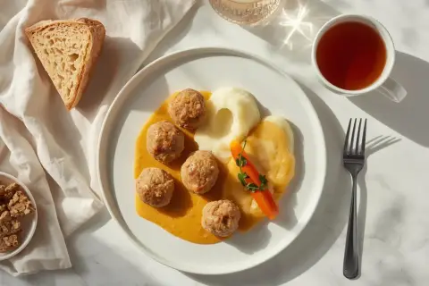Pyszne klopsiki w sosie z puree ziemniaczanym i marchewką. Obok kromka chleba i herbata. Danie wygląda na sycące, ale nie jest ciężkostrawne.