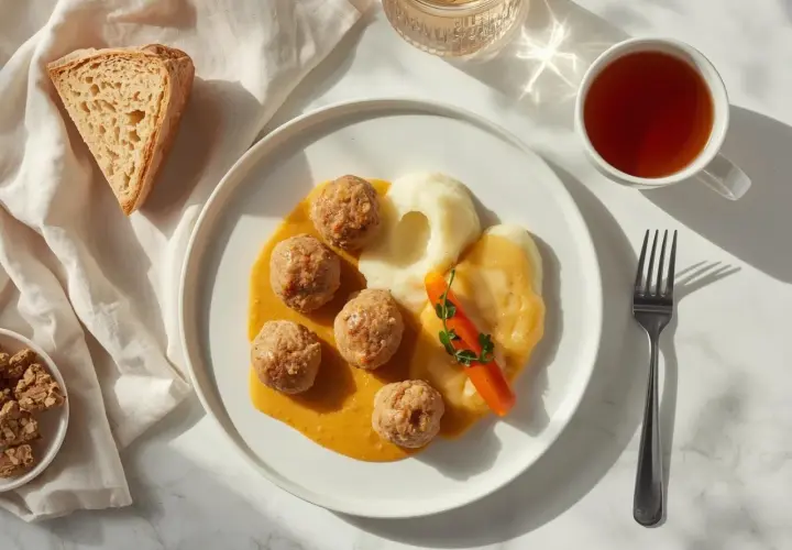 Delikatne klopsiki z puree, marchewką i sosem – idealne danie, co można jeść na diecie lekkostrawnej. Do tego kromka chleba i herbata.