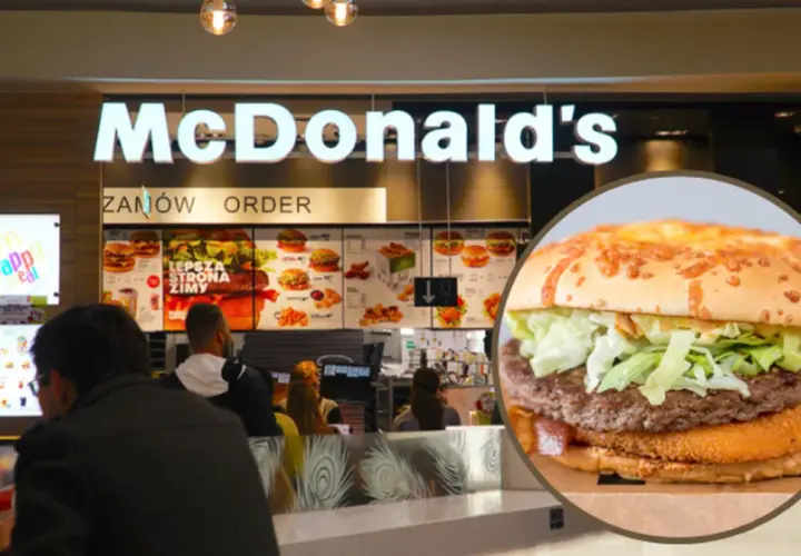 W McDonald's można zamówić burgera, ale ile kcal ma veggie burger? Na zdjęciu widać menu i zbliżenie na burgera.