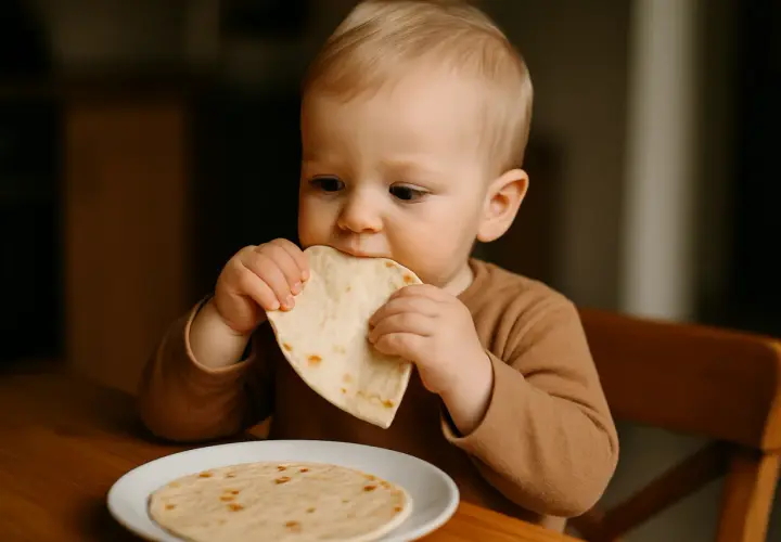 Małe dziecko gryzie kawałek tortilli pszennej, zastanawiając się, czy tortilla pszenna jest zdrowa.