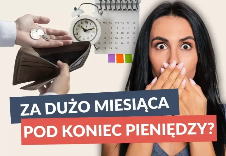 Zaskoczona kobieta z pustym portfelem i zegarem. Czy to za dużo miesiąca pod koniec pieniędzy?