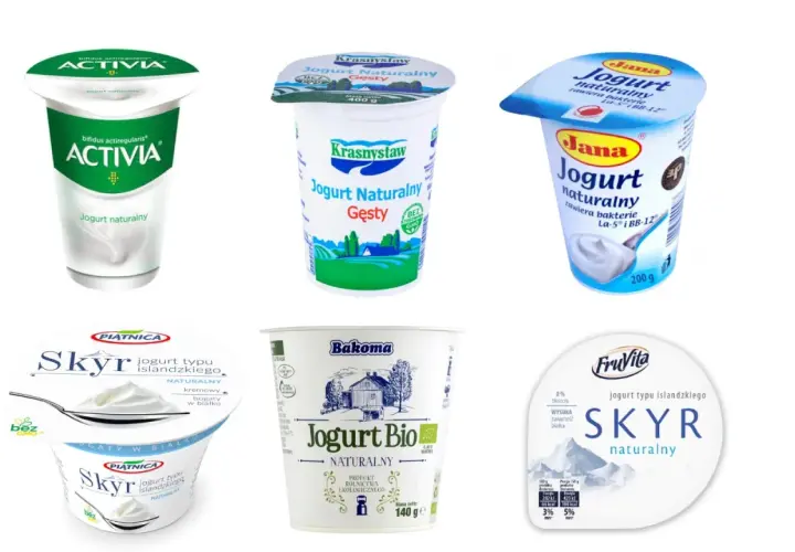 Kilka opakowań jogurtu naturalnego, idealnego na noc: Activia, Krasnystaw, Jana, Piątnica Skry, Bakoma Jogurt Bio, FruVita Skry.