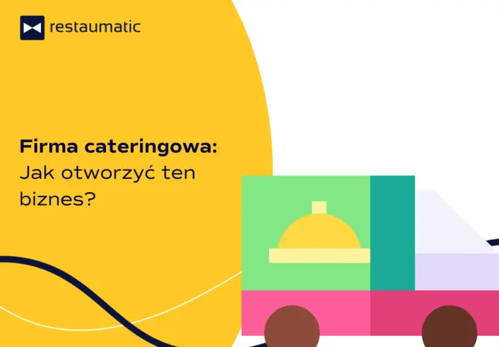Firma cateringowa: Jak otworzyć ten biznes? Ilustracja przedstawia stylizowaną ciężarówkę dostawczą z symbolem jedzenia.