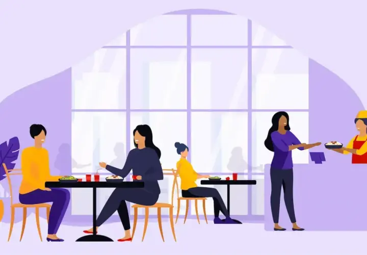 Szukasz najlepszych firm oferujących catering dla biur w dużych miastach? W tej ilustracji widzimy ludzi jedzących w restauracji, co może być inspiracją.