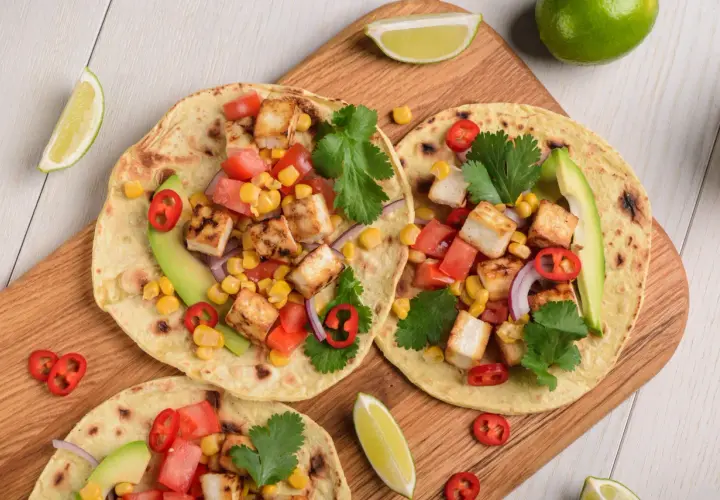 Trzy tortille z grillowanym tofu, kukurydzą, pomidorami, awokado i kolendrą. Idealny zdrowy i szybki obiad.
