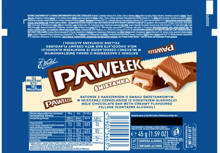 Batonik Pawełek śmietankowy z alkoholem. Czy dzieci mogą jeść pawełki? Produkt zawiera alkohol, nieodpowiedni dla dzieci.