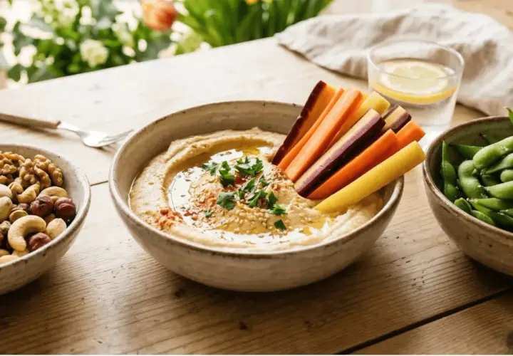 Zdrowa przekąska: hummus z marchewką, orzechy i edamame to świetne co zamiast chipsów.