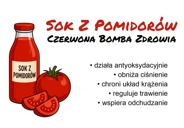 Sok pomidorowy na co dobry? Działa antyoksydacyjnie, obniża ciśnienie, chroni układ krążenia, reguluje trawienie i wspiera odchudzanie.