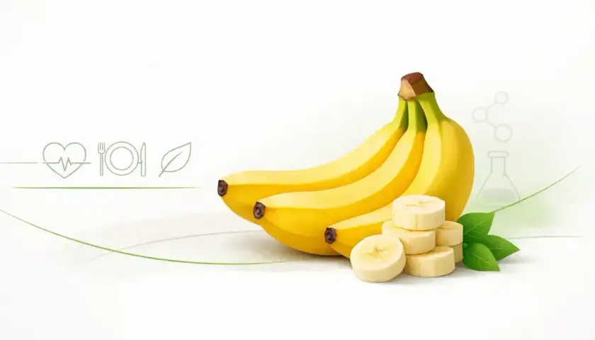 Pyszny banan i jego rola w odchudzaniu. Kilka bananów i plasterki owocu na białym tle z symbolami zdrowia.
