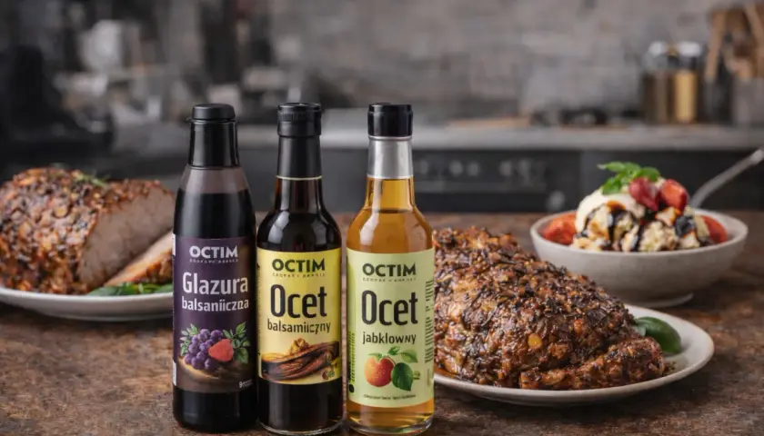 Trzy butelki Octim: glazura balsamiczna, ocet balsamiczny i jabłkowy. Obok pieczone mięso i deser lodowy. To pokazuje, co to znaczy zredukować sos, by uzyskać bogaty smak.