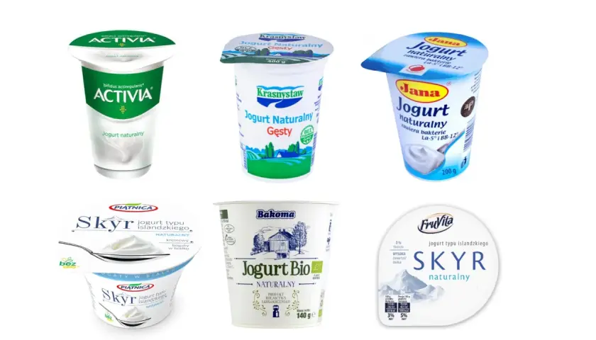Kilka opakowań jogurtu naturalnego, idealnego na noc: Activia, Krasnystaw, Jana, Piątnica Skry, Bakoma Jogurt Bio, FruVita Skry.