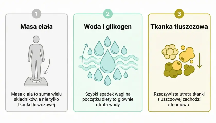 Trzy etapy utraty wagi: masa ciała, woda i glikogen, tkanka tłuszczowa. Realna utrata tkanki tłuszczowej to proces stopniowy, a nie szybki spadek wagi.