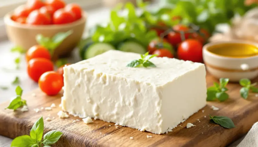 Kostka sera feta na desce z pomidorkami, ogórkiem i bazylią. Czy feta jest zdrowa? Tak, to pyszny i zdrowy dodatek do sałatek.