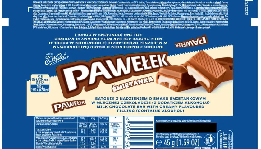 Batonik Pawełek śmietankowy z alkoholem. Czy dzieci mogą jeść pawełki? Produkt zawiera alkohol, nieodpowiedni dla dzieci.