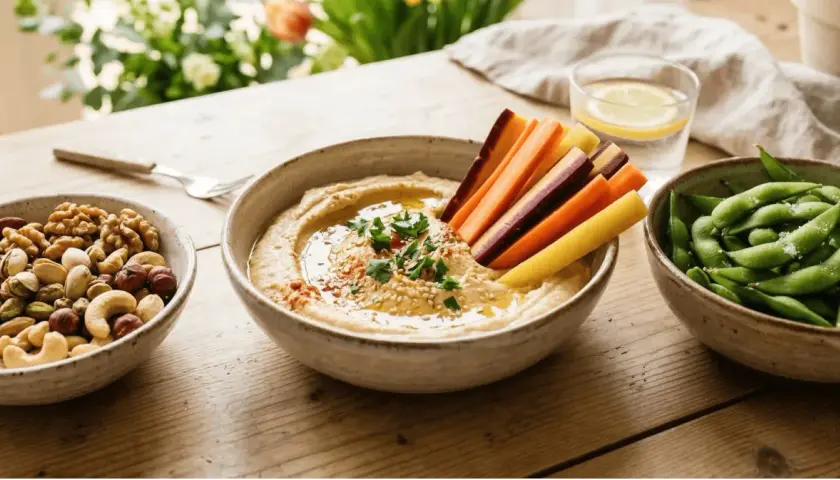 Zdrowa przekąska: hummus z marchewką, orzechy i edamame to świetne co zamiast chipsów.
