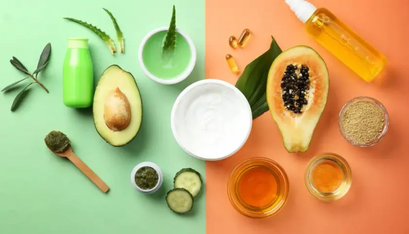 Kosmetyki i naturalne składniki: awokado, aloes, papaja, miód, ogórek.