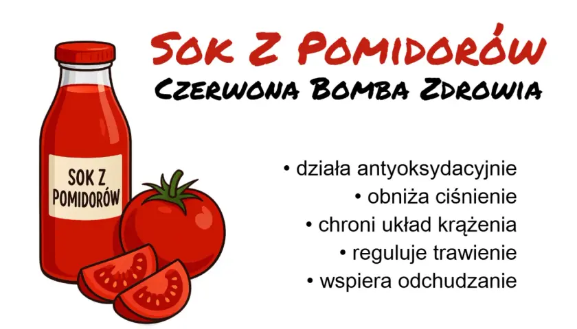 Sok pomidorowy na co dobry? Działa antyoksydacyjnie, obniża ciśnienie, chroni układ krążenia, reguluje trawienie i wspiera odchudzanie.