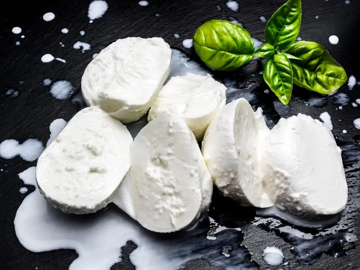 Świeża mozzarella na czarnym tle, z kilkoma listkami bazylii. Czy mozzarella jest kaloryczna? To zależy od jej rodzaju, ale zazwyczaj jest umiarkowanie kaloryczna.