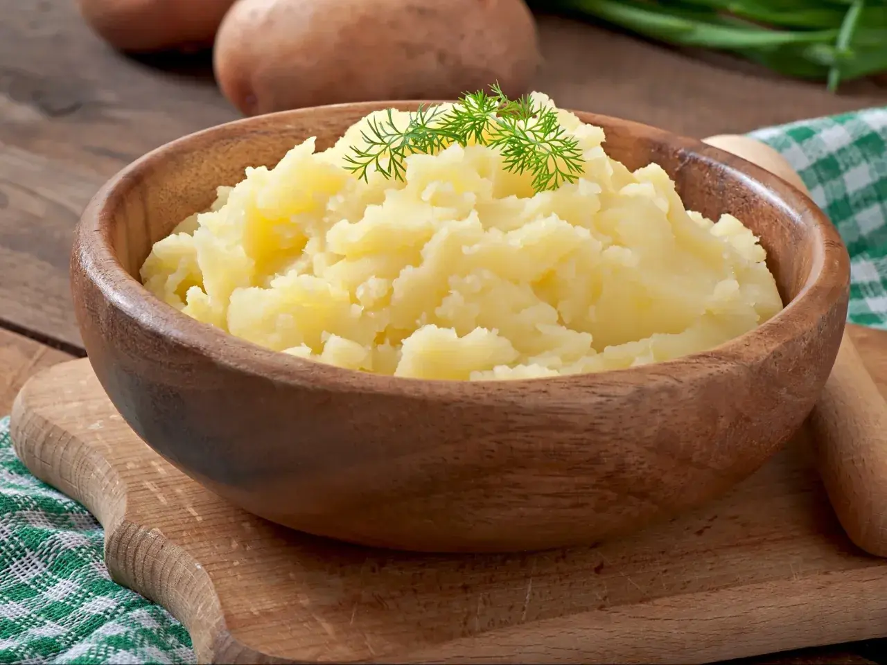 Puszyste puree ziemniaczane w drewnianej misce, ozdobione koperkiem. Idealne jako alternatywa dla masła, gdy zastanawiasz się, co dodać do ziemniaków.