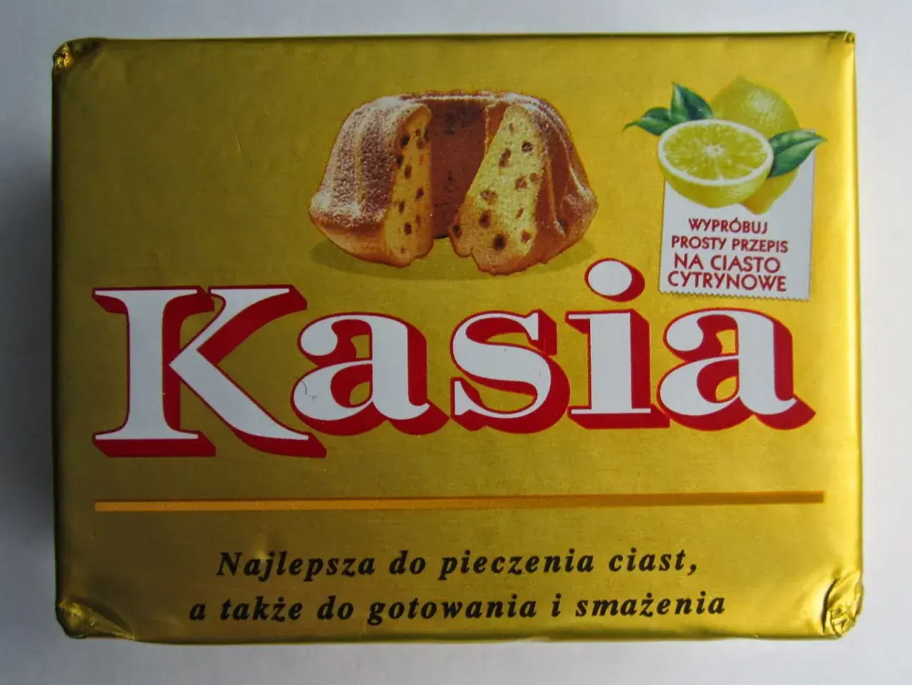 Opakowanie margaryny Kasia z babką cytrynową. Czy margaryna Kasia zawiera tłuszcze trans? Sprawdź skład, by mieć pewność.