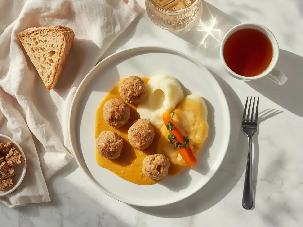 Pyszne klopsiki w sosie z puree ziemniaczanym i marchewką. Obok kromka chleba i herbata. Danie wygląda na sycące, ale nie jest ciężkostrawne.