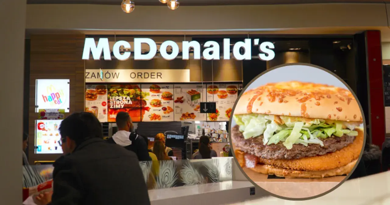 W McDonald's można zamówić burgera, ale ile kcal ma veggie burger? Na zdjęciu widać menu i zbliżenie na burgera.