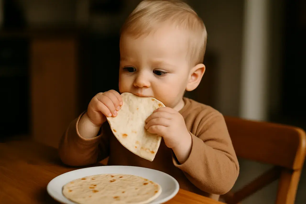 Małe dziecko gryzie kawałek tortilli pszennej, zastanawiając się, czy tortilla pszenna jest zdrowa.