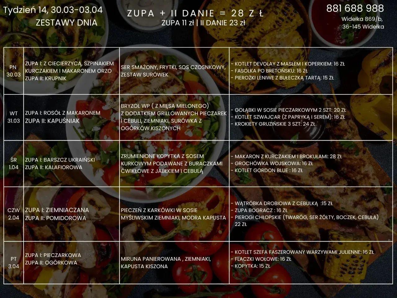Menu tygodnia z propozycjami na widelcu augustów. Zupy i dania dnia, ceny od 11 zł.