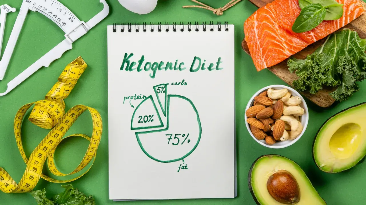 Na stole zielonym leży notatnik z napisem "Ketogenic Diet" i wykresem makroskładników. Obok znajdują się łosoś, awokado, orzechy, miarka i waga. Czy orkisz jest keto? Ten wykres pokazuje, że dieta keto opiera się głównie na tłuszczach (75%).