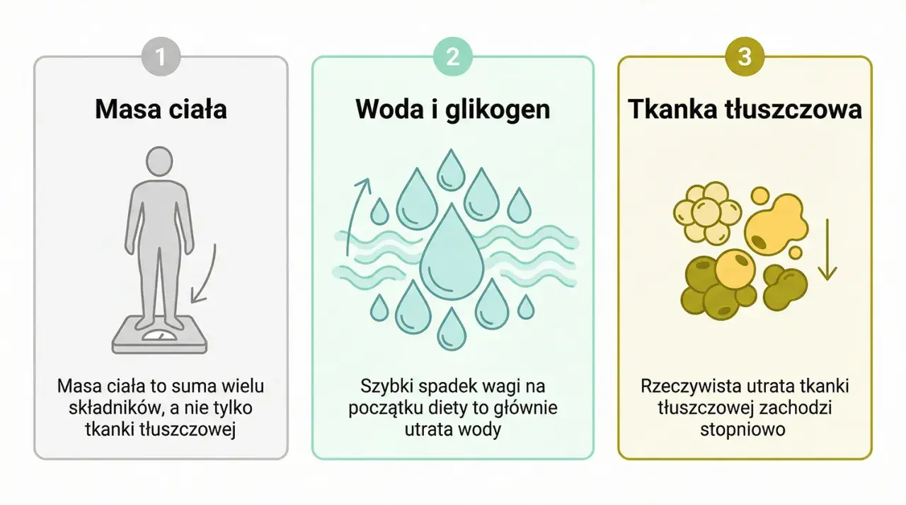 Trzy etapy utraty wagi: masa ciała, woda i glikogen, tkanka tłuszczowa. Realna utrata tkanki tłuszczowej to proces stopniowy, a nie szybki spadek wagi.