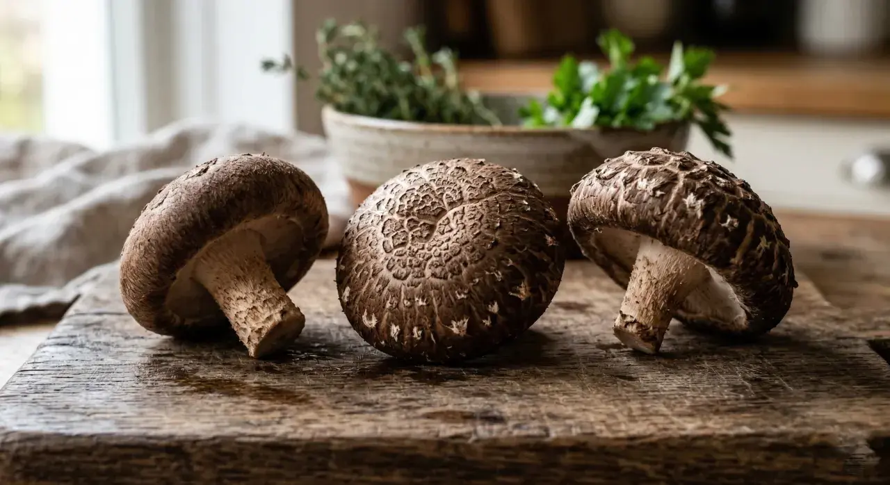 Trzy grzyby shiitake na drewnianej desce. To dowód, co to znaczy proteinowe – zdrowe i pyszne!
