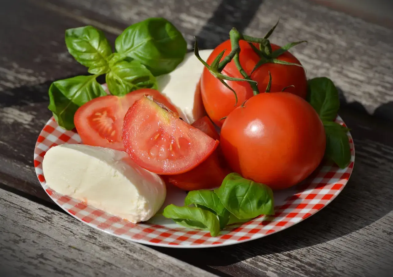 Pomidory, mozzarella i bazylia na talerzu. Czy mozzarella jest dobra na odchudzanie? To składniki lekkiej sałatki.